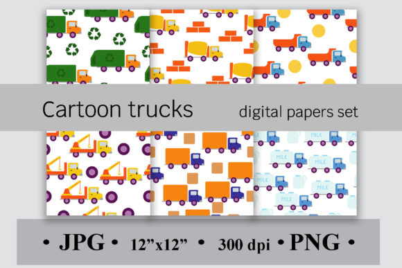 Cartoon Trucks Digital Papers Set