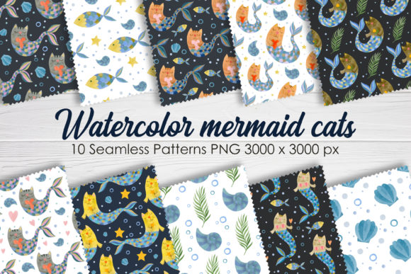 Mermaid Cat Watercolor Seamless Pattern for Creative Projects