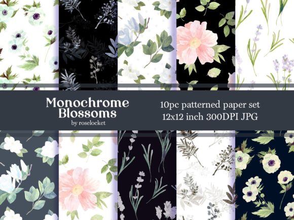 Monochrome Watercolor Floral Pattern Set